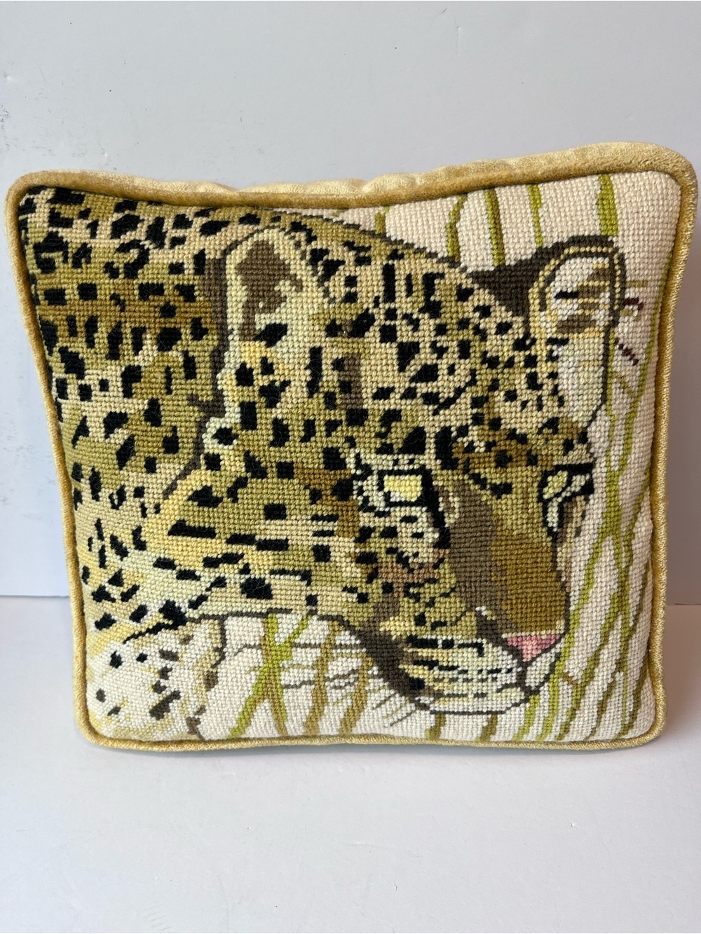 Vintage Needlepoint Leopard Jaguar Accent Pillow 70’s